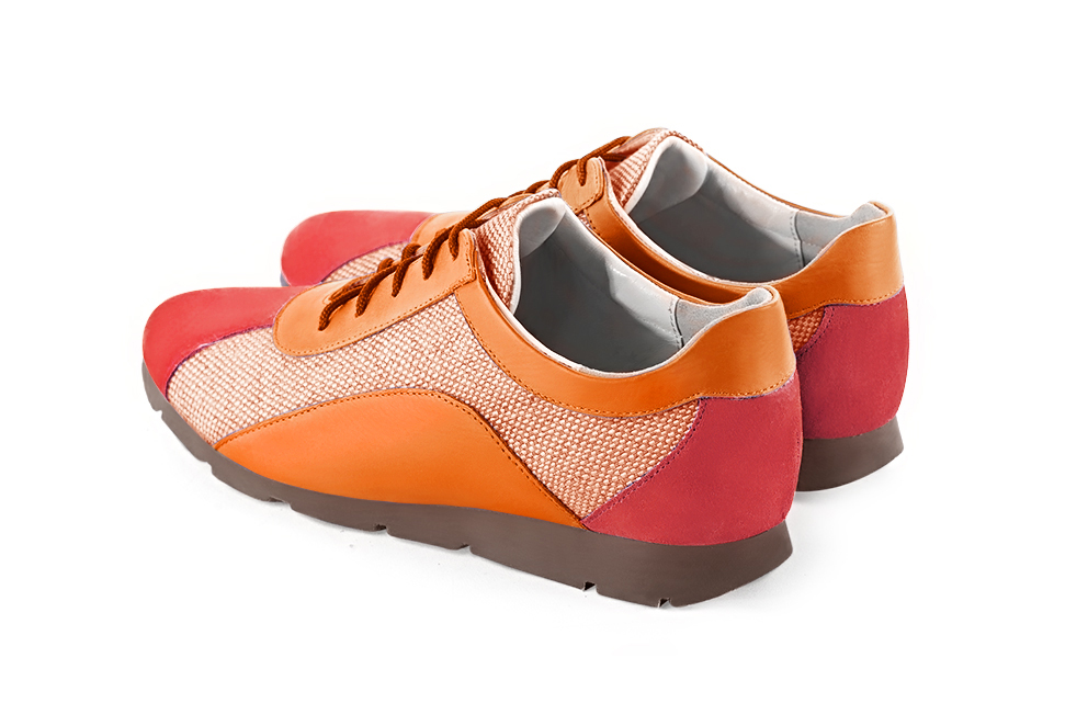 Scarlet red and peach orange women's two-tone elegant sneakers. Round toe. Flat rubber soles. Rear view - Florence KOOIJMAN